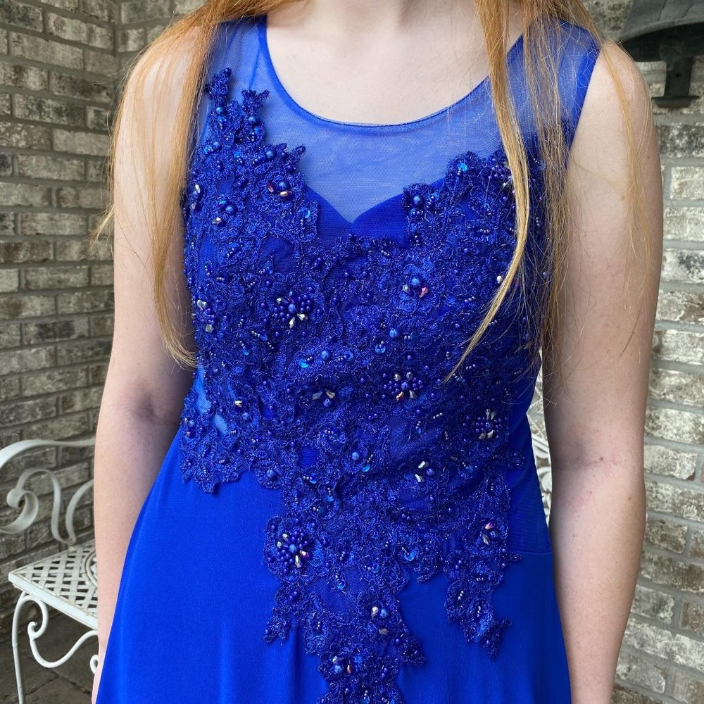 Formal Prom Long  Dress Blue Beaded Mesh 4 - Picture 5 of 12